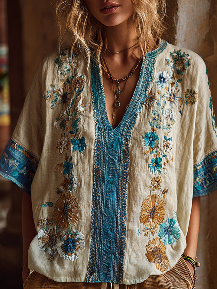 Bohemian Ethnic Style Rhapsody Flower Embroidery Vintage V-neck Short-sleeved Shirt artswardrobe