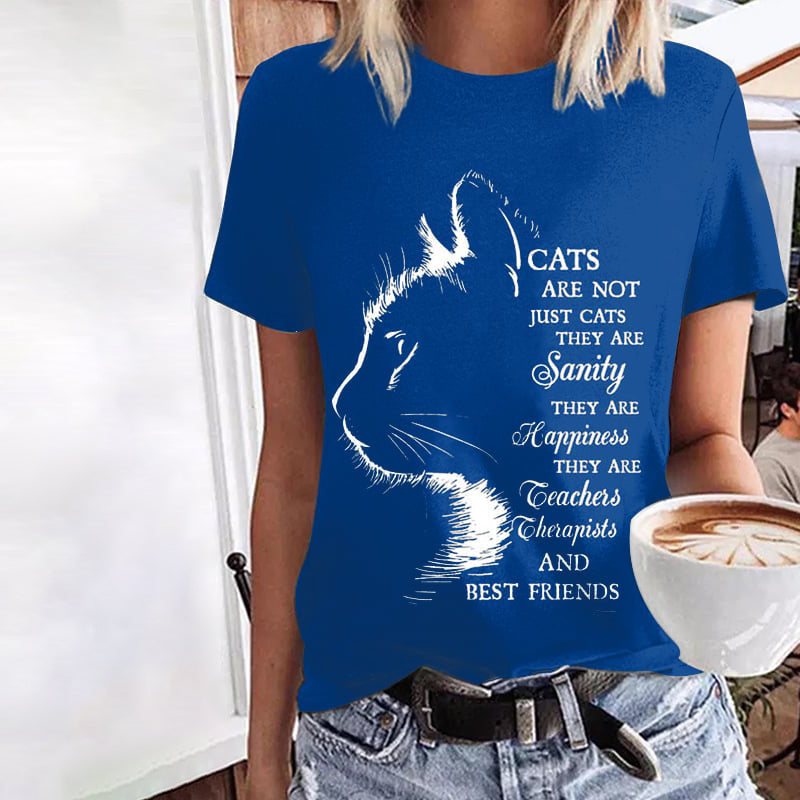 Cat Print Round Neck Short Sleeve Casual T-Shirt elevenforest