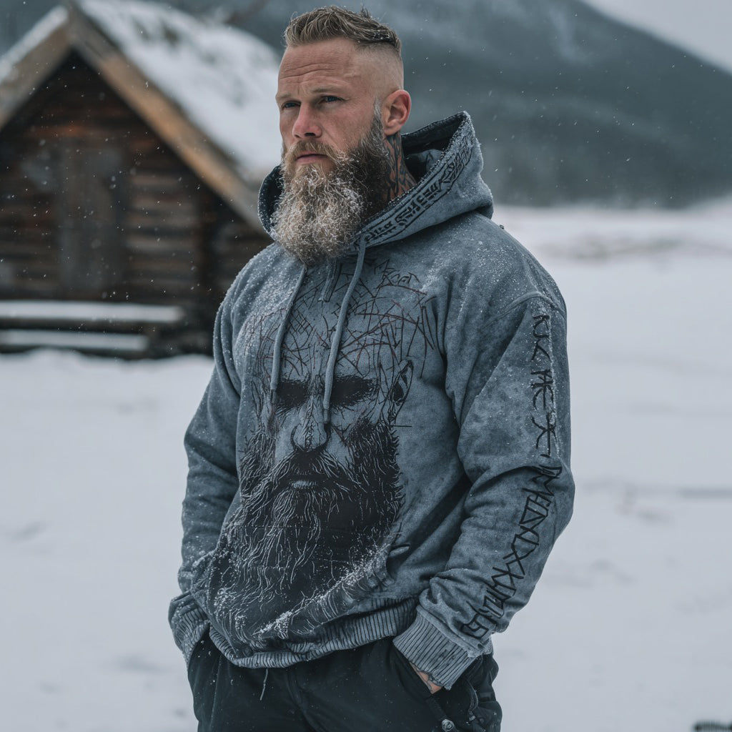 Men's Retro Viking Warrior Pencil Drawing Art Pattern Casual Hoodie elevenforest