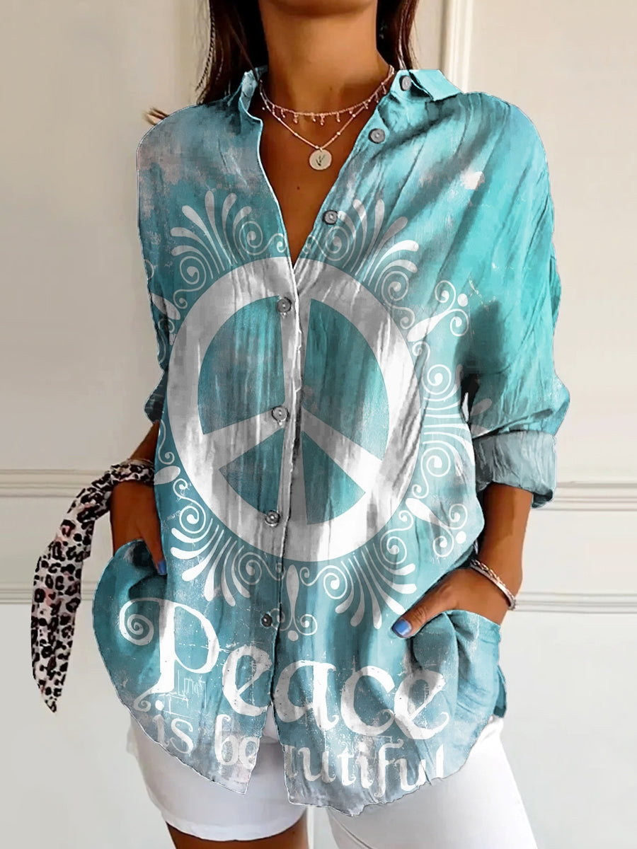Women's Peace Is Beautiful Art Print Casual Cotton Shirt