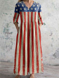 Women's Independence Day Flag Pattern V-Neck Cotton Dress with Pockets