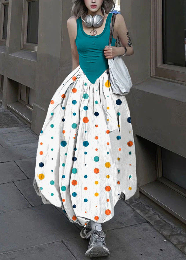 New Green Texture Backless Patchwork Cotton Long Dresses Sleeveless