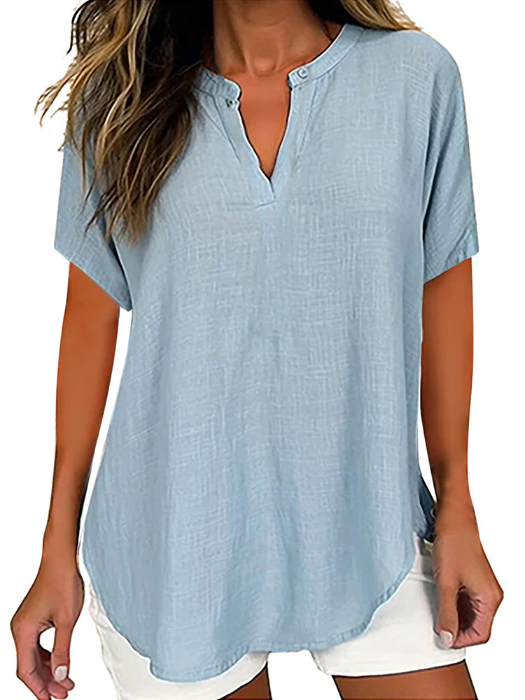 Comstylish Solid Color V Neck Short Sleeve Linen Blend Shirt