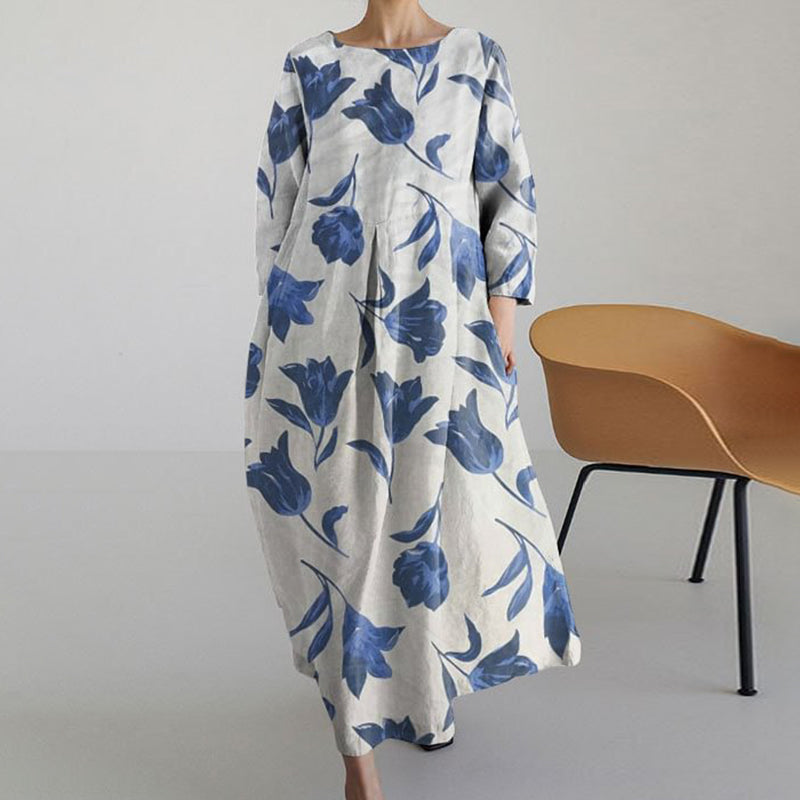 Comstylish Vintage Floral Print Long Sleeve Loose Dress