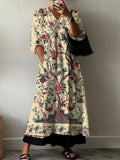 Women's Boho Vintage Floral Print Pocket V-neck Cotton Dress