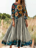 Women's Bohemian Floral Art Print Flowy Cotton Crew Neck Dress