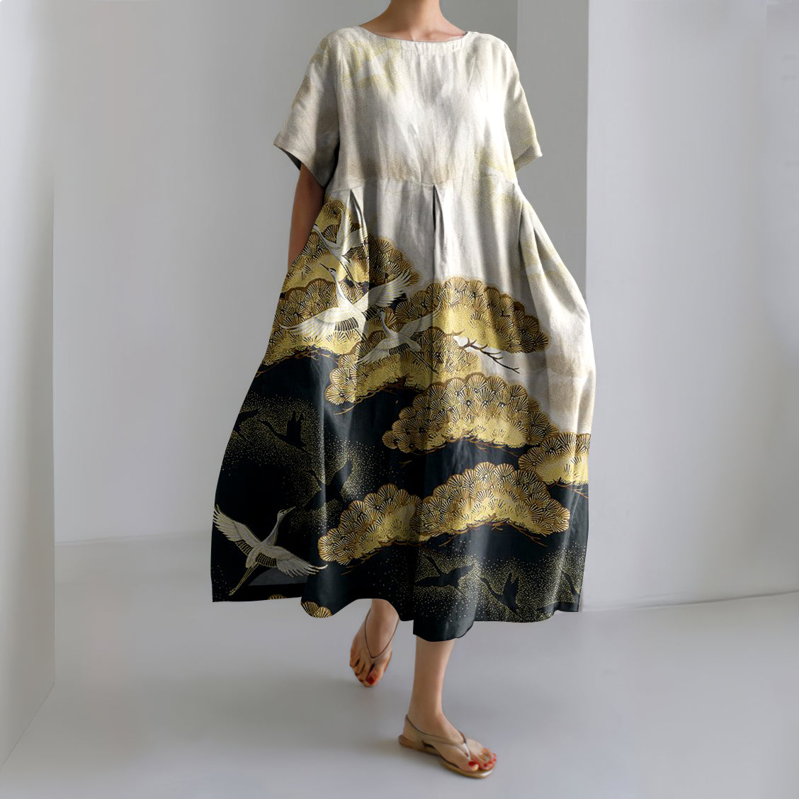 Comstylish Japanese Flying Crane & Pine Tree Art Linen Blend Maxi Dress