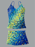 Women's V-Neck Polka Dot Print Suspender Skirt Tankini Pantskirt Set Swimsuit