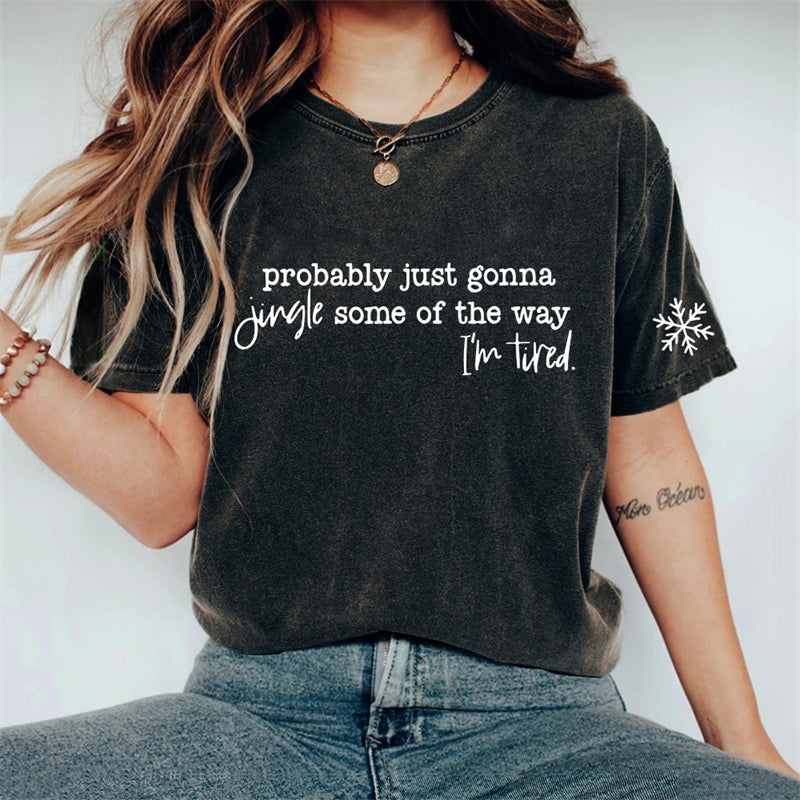 Comstylish Funny Christmas I'm Tired Slogan Snowflake Washed T Shirt