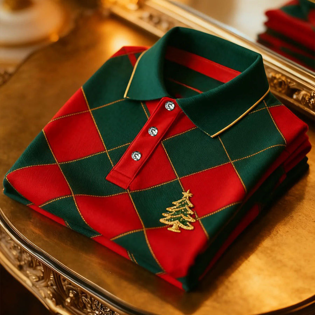 Comstylish Christmas Tree Print Men's Long-sleeved Casual Polo Shirt