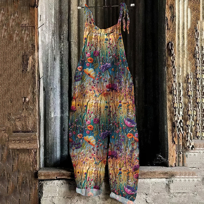 Women's Vintage Gradient Flowers Embroidered Linen Jumpsuit artswardrobe