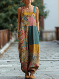 Bohemian Style Plant Flower Pattern Color Block Women's Loose Overalls artswardrobe