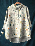 Women's Vintage Floral Art Print Casual Cotton And Linen Shirt