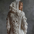Comstylish Vintage White Roses Viking Celtic Skull Hooded Cozy Knit Cardigan