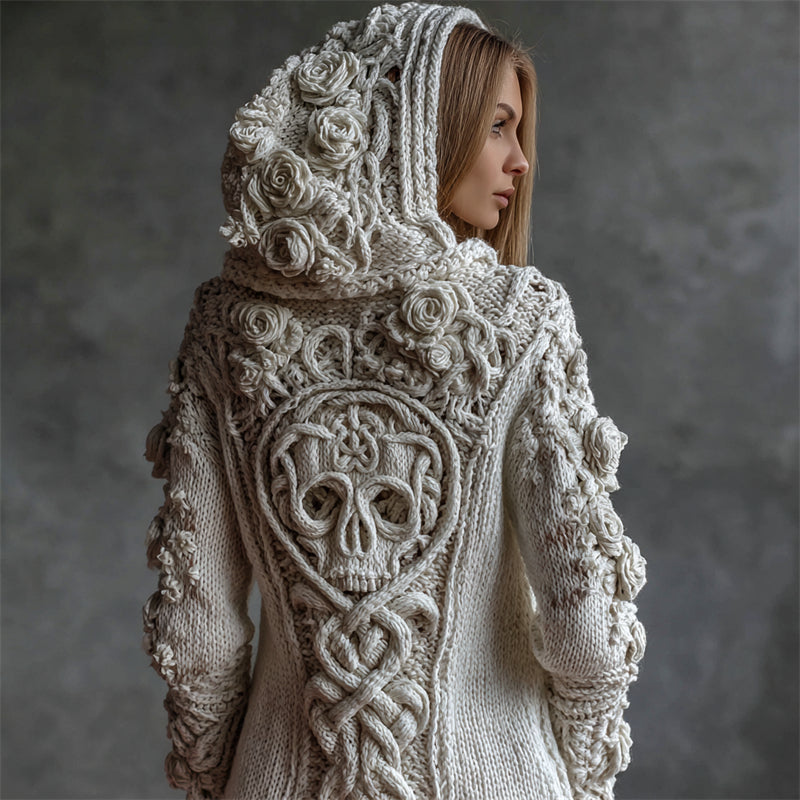 Comstylish Vintage White Roses Viking Celtic Skull Hooded Cozy Knit Cardigan