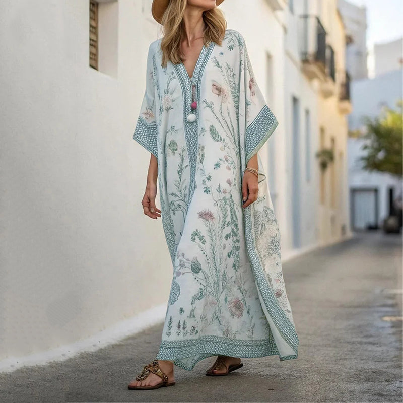 Comstylish Long Sleeve Kaftan Linen Vacation Maxi Dress