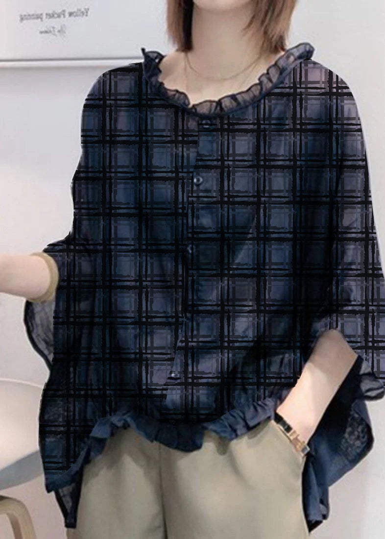 Art Navy Tops Ruffles Trim Half Sleeve Shirts Blouse