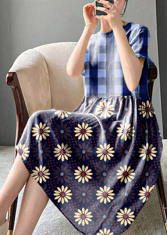 Brief Blue Geometry O-neck Patchwork Cotton Blend Dress Short Sleeve