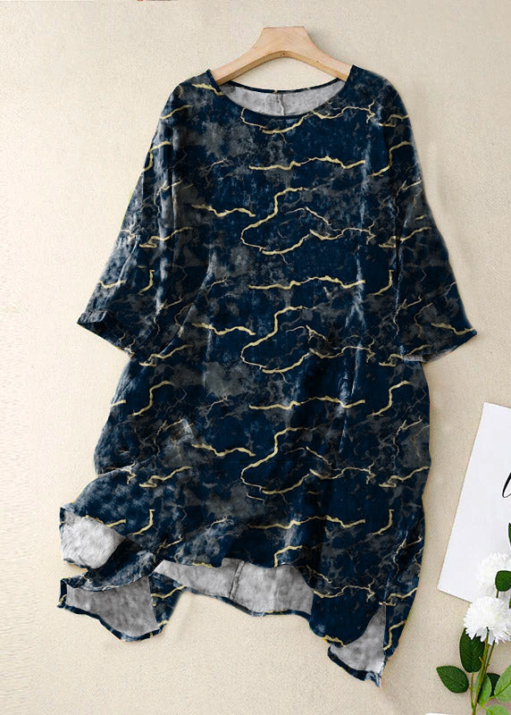 Black Flowers and Birds O Neck Print Patchwork Linen Mid Dress Bracelet Sleeve