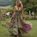 Vintage Floral Embroidery Linen Maxi Dress
