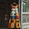 Pop Art Cute Cat Patchwork Design Cotton Linen Sling Dress elevenforest