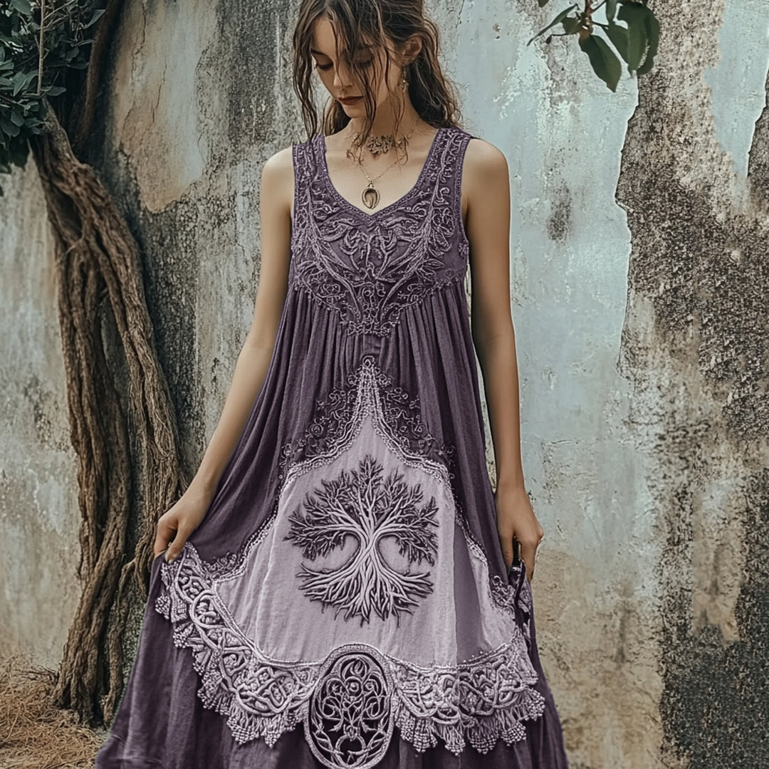 Vintage Tribal Viking Tree Of Life Celtic Knot Linen Blend Tank Midi Dress artswardrobe