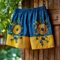 Vintage Sunflower Floral Embroidery Casual Linen Shorts artswardrobe