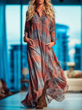 Loose-fitting Half-open Neckline Retro Plaid Chiffon Long-sleeved Maxi Dress