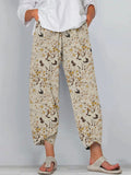 Comstylish Vintage Japanese Cranes and Flowers Art Cropped Casual Pants
