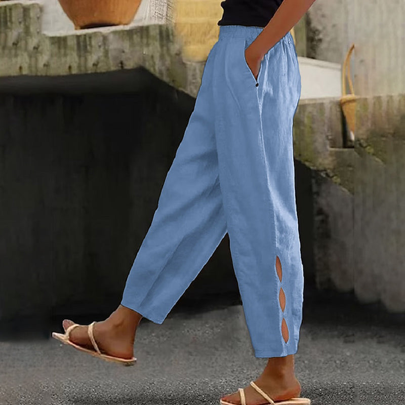Women's Vintage Hollow Design Solid Color Linen Casual Pants artswardrobe