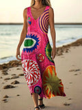Women's Vintage Ethnic Floral Art Print Sleeveless V Neck Pocket Cotto