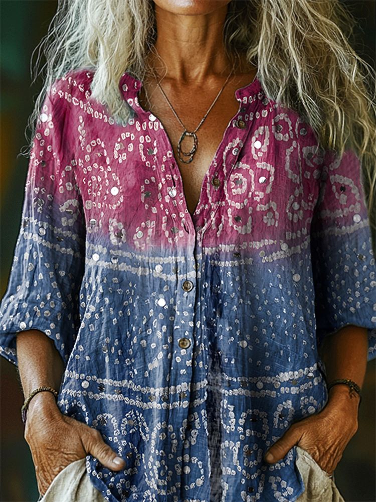 Women's Vintage Color Clash Pattern Art Print Linen Cotton Casual Shir