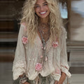 Comstylish Vintage Boho Roses Embroidered Art V Neck Linen Tunic