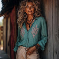 Vintage Greek Embroidered Long Sleeved Linen Blend Shirt artswardrobe