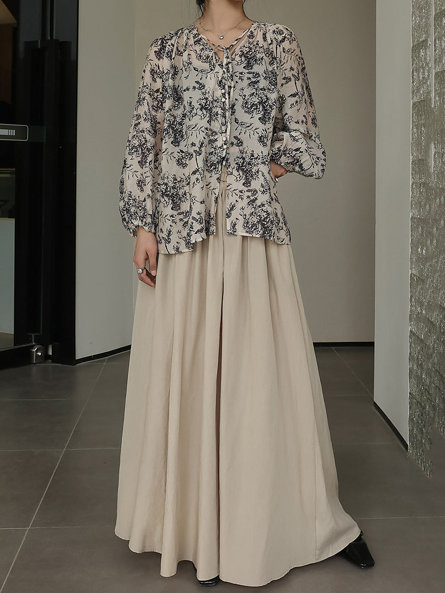 Artsy Drawstring Ornate Button Leaf Print Shirt