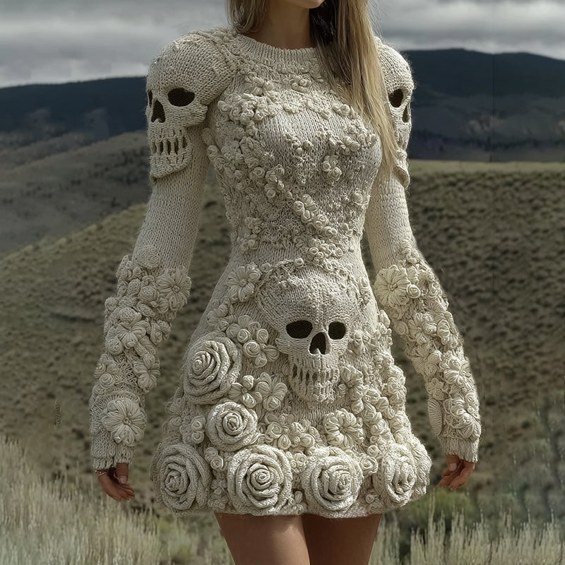 Comstylish Women's Halloween Skull With Rose Pattern Art Cozy Knit Sweater Dress
