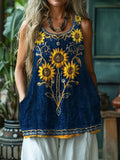 Boho Sunflowers Beaded Embroidered Linen Tank Top artswardrobe