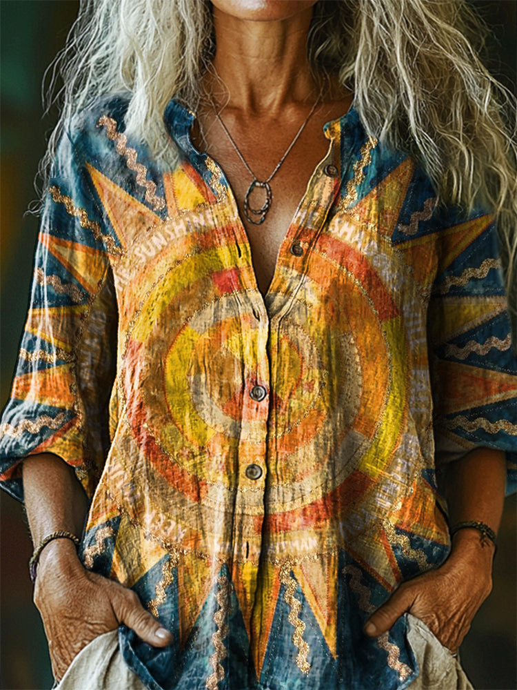 Women's Bohemian Floral Patchwork Art Print Casual Cotton Linen Shirt