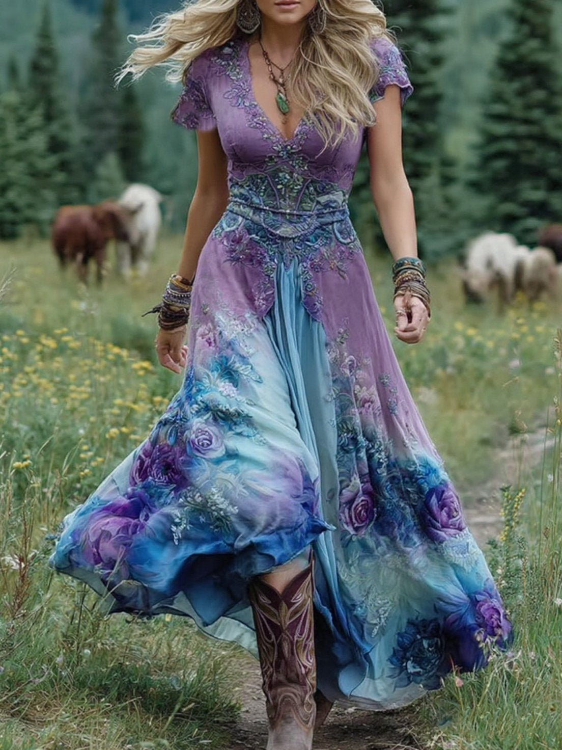 Classy Gradient Purple Lavender And Floral Printed Short Maxi Dress artswardrobe
