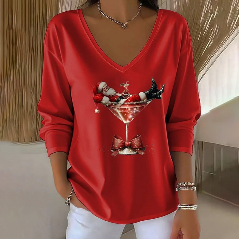 Comstylish Women's Fun Christmas Wine Glass With Santa Claus Print V-neck Long Sleeve T-shirt