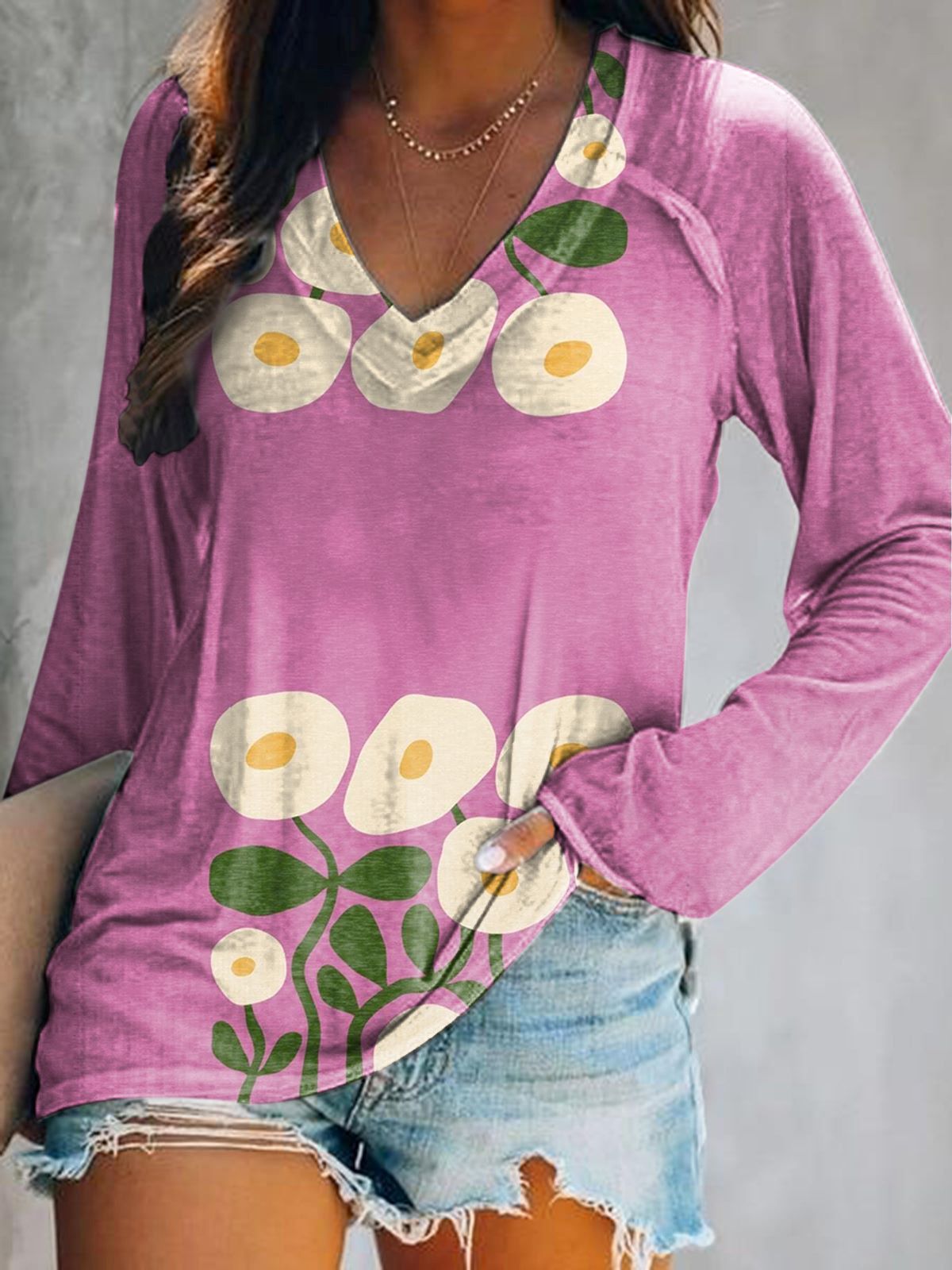 Women's Floral Art Print V-Neck Long Sleeve Top
