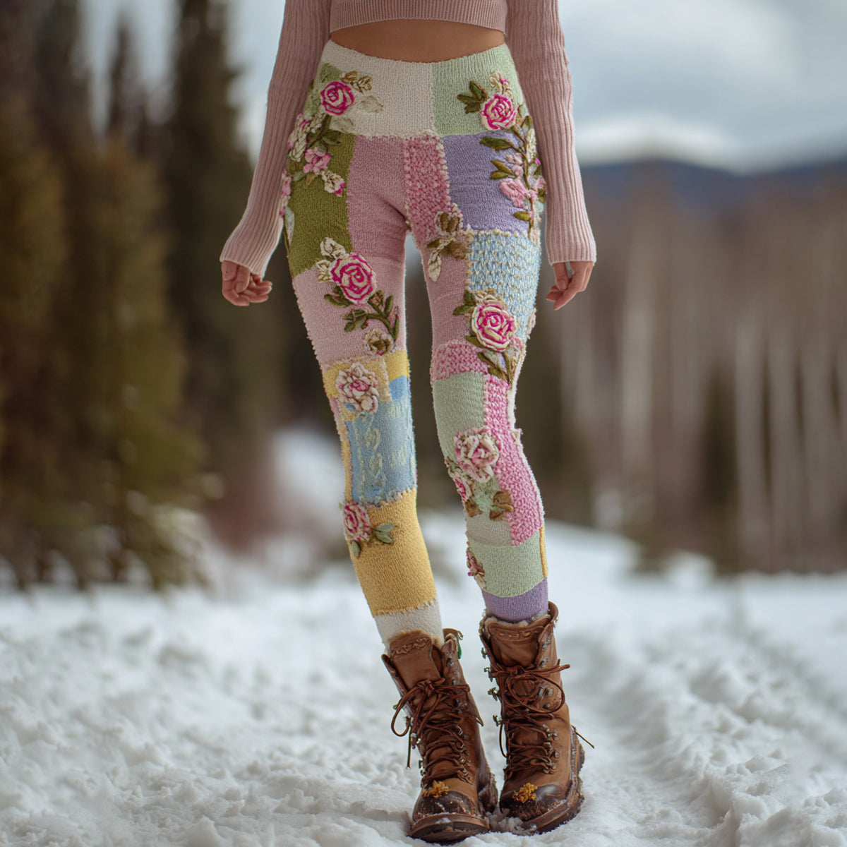 Comstylish Women's Vintage Floral Patchwork Cozy Knit Leggings