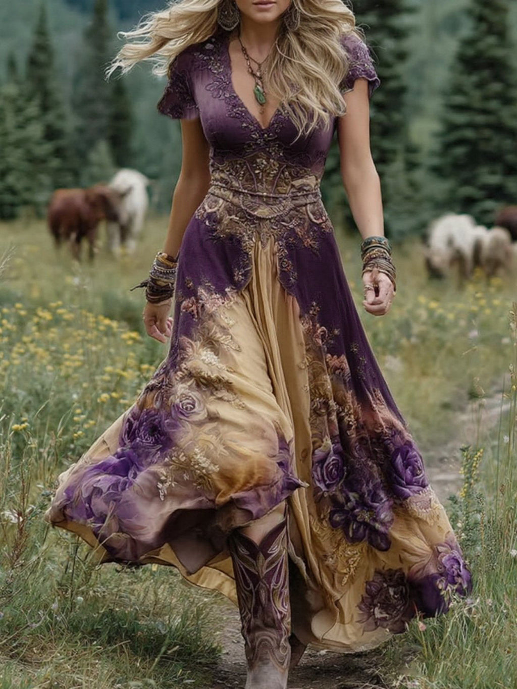 Comstylish Classy Gradient Purple Lavender And Floral Printed Short Maxi Dress