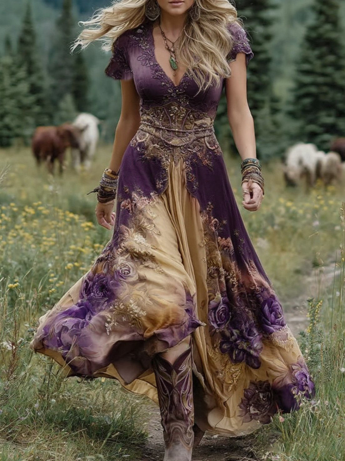 Comstylish Classy Gradient Purple Lavender And Floral Printed Short Maxi Dress
