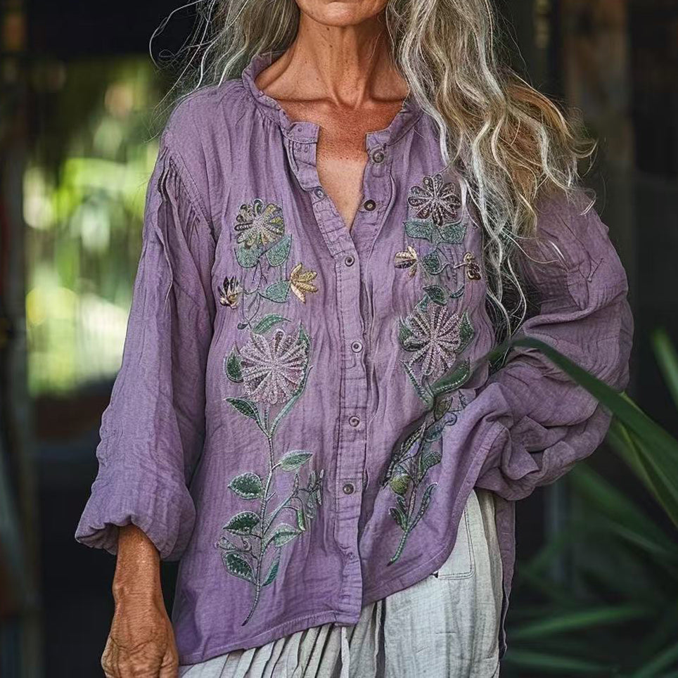 Vintage Bohemian Style Linen Floral Art Print  Long Sleeve Shirt artswardrobe