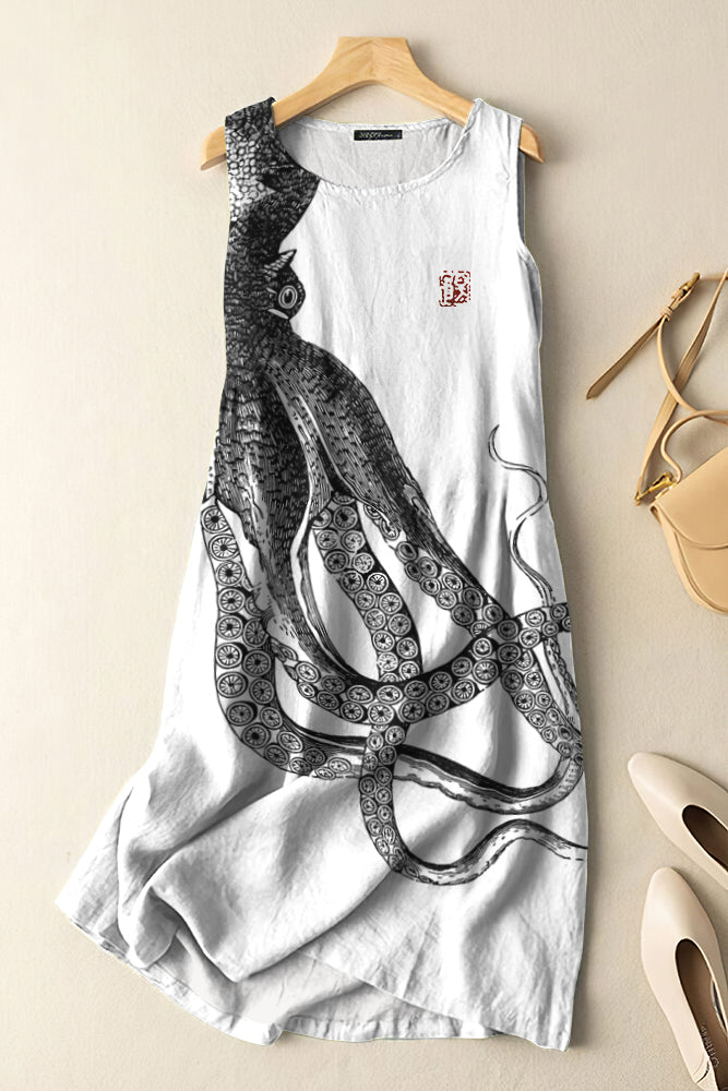 Comstylish Vintage Japanese Art Octopus Print Sleeveless Cotton And Linen Midi Dress