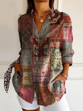 Women's Vintage Ethnic Floral Art Print Casual Cotton Shirt