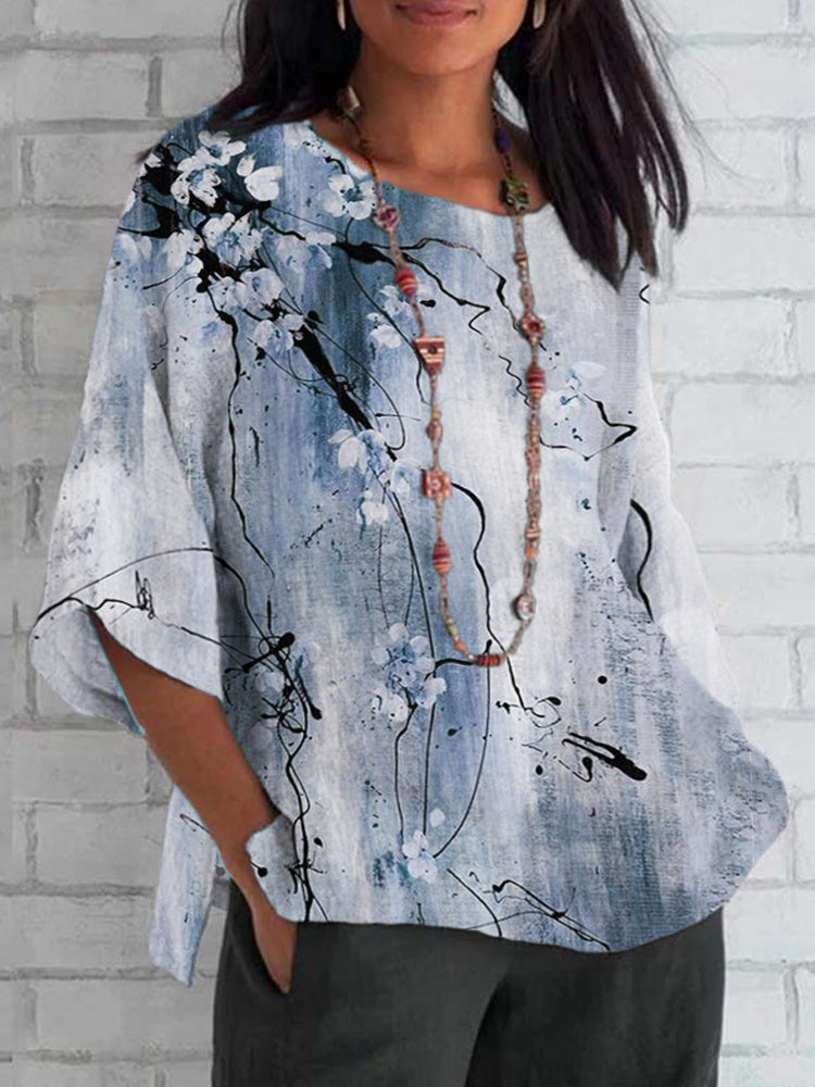 Comstylish Vintage Ink Flower Print Cotton and Linen T-Shirt
