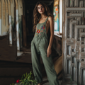 Vintage Floral Embroidered Pattern Linen Blend Loose Casual Jumpsuit artswardrobe