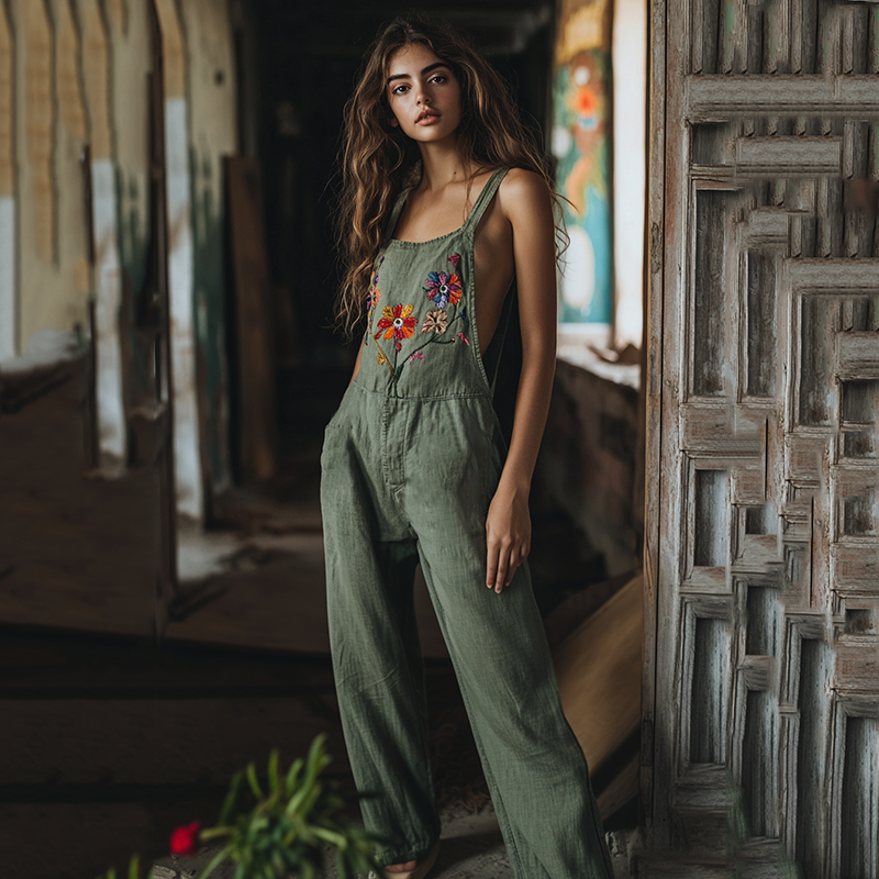 Vintage Floral Embroidered Pattern Linen Blend Loose Casual Jumpsuit artswardrobe